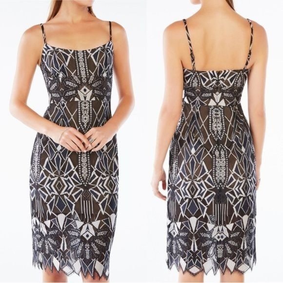 BCBGMAXAZRIA Alese Black Silver Floral Geometric Mesh Lace Midi Dress Size 2 - Picture 1 of 13